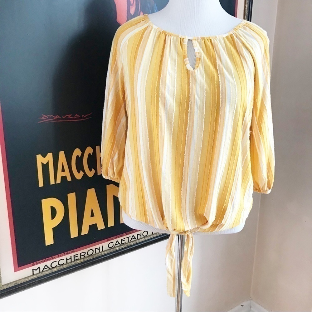 RAIN: Yellow/White Vertical Stripe 3/4 Sleeve Top